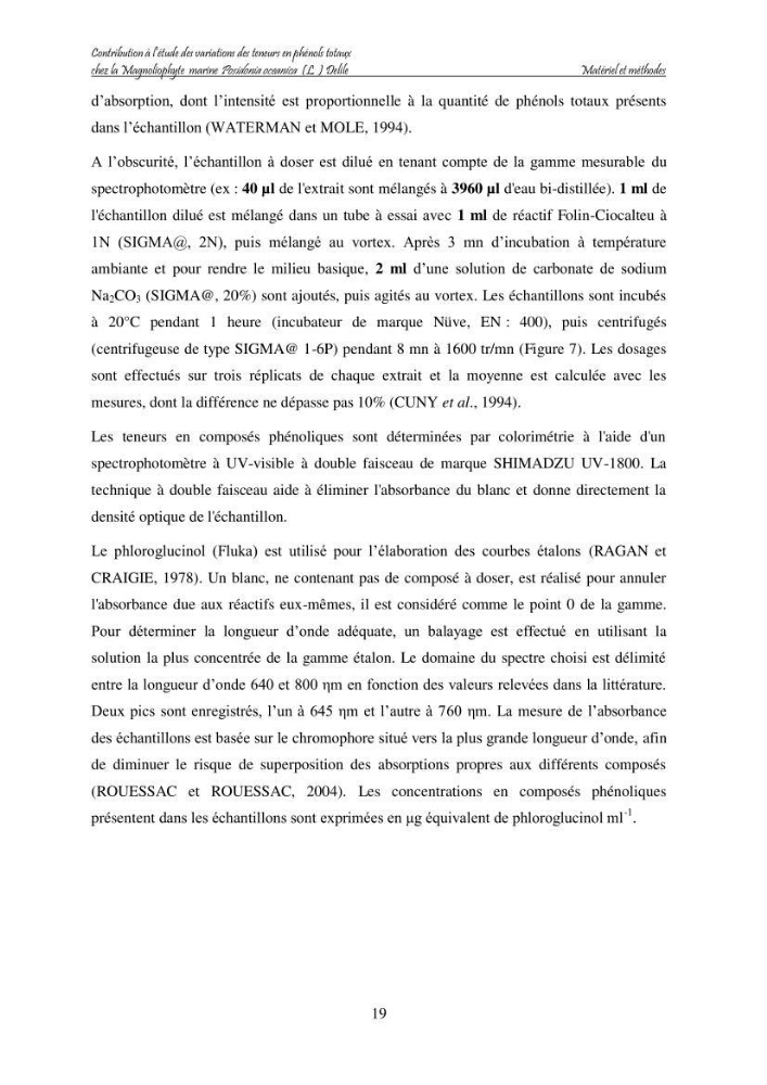 Contribution à l\'étude des variations des teneurs en composés phénoliques chez la Magnoliophyte marine Posidonia oceanica (L.) Delile