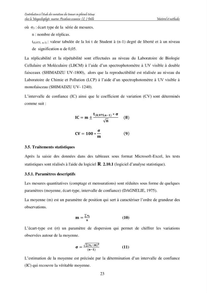 Contribution à l\'étude des variations des teneurs en composés phénoliques chez la Magnoliophyte marine Posidonia oceanica (L.) Delile