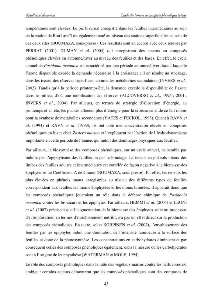 Contribution à l\'étude des variations des teneurs en composés phénoliques chez la Magnoliophyte marine Posidonia oceanica (L.) Delile