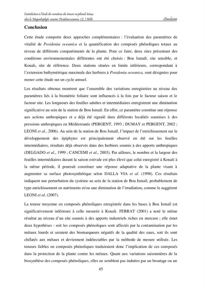 Contribution à l\'étude des variations des teneurs en composés phénoliques chez la Magnoliophyte marine Posidonia oceanica (L.) Delile