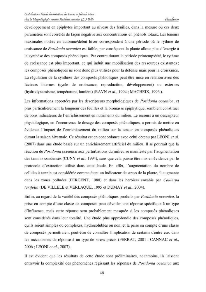 Contribution à l\'étude des variations des teneurs en composés phénoliques chez la Magnoliophyte marine Posidonia oceanica (L.) Delile