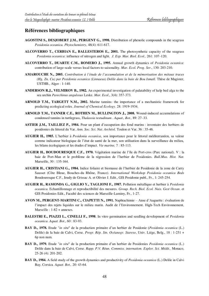 Contribution à l\'étude des variations des teneurs en composés phénoliques chez la Magnoliophyte marine Posidonia oceanica (L.) Delile