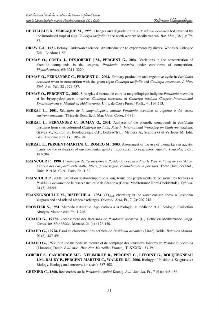 Contribution à l\'étude des variations des teneurs en composés phénoliques chez la Magnoliophyte marine Posidonia oceanica (L.) Delile