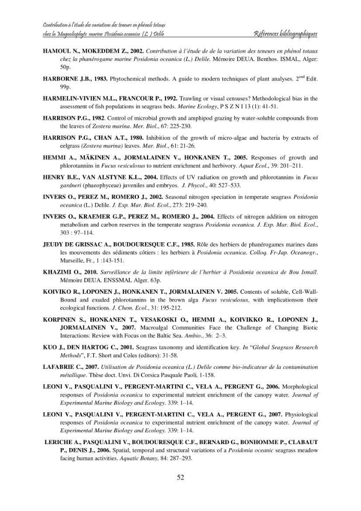 Contribution à l\'étude des variations des teneurs en composés phénoliques chez la Magnoliophyte marine Posidonia oceanica (L.) Delile
