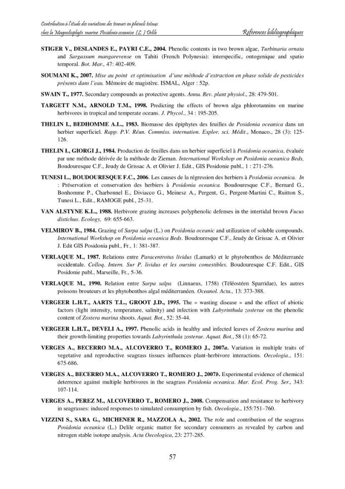 Contribution à l\'étude des variations des teneurs en composés phénoliques chez la Magnoliophyte marine Posidonia oceanica (L.) Delile