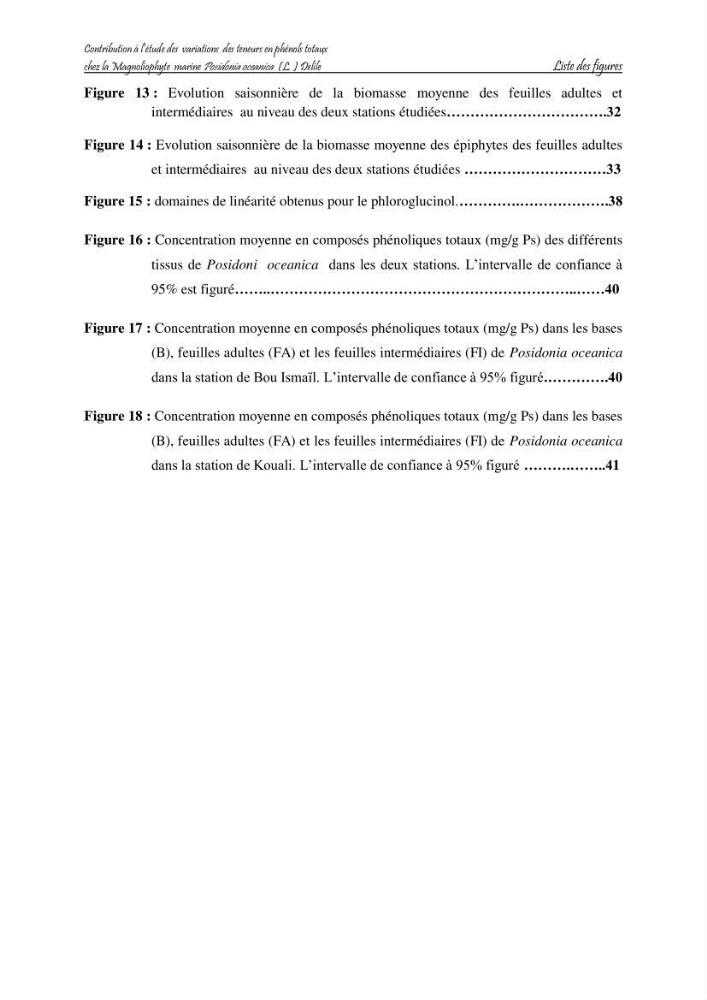 Contribution à l\'étude des variations des teneurs en composés phénoliques chez la Magnoliophyte marine Posidonia oceanica (L.) Delile