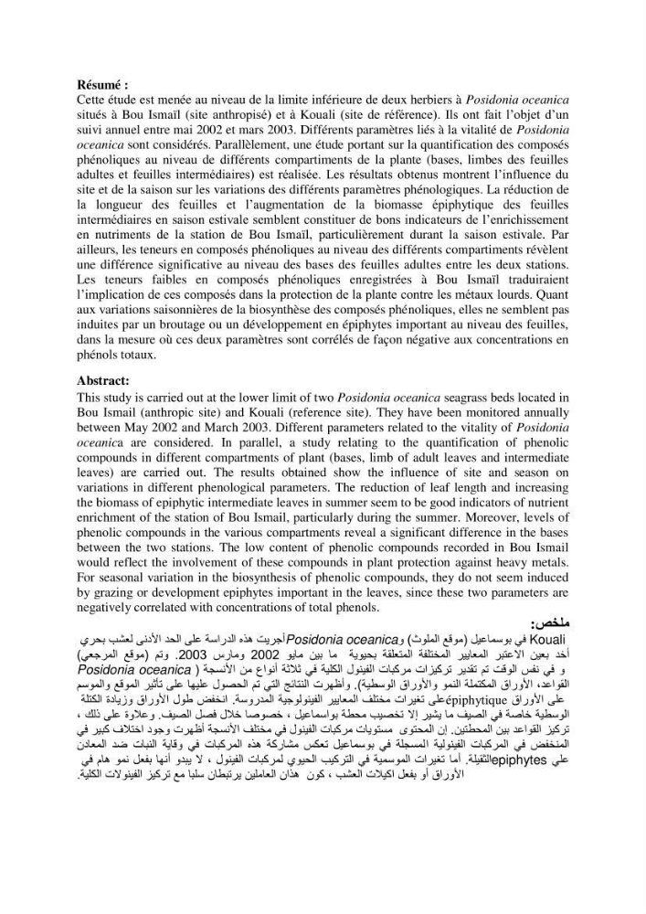 Contribution à l\'étude des variations des teneurs en composés phénoliques chez la Magnoliophyte marine Posidonia oceanica (L.) Delile