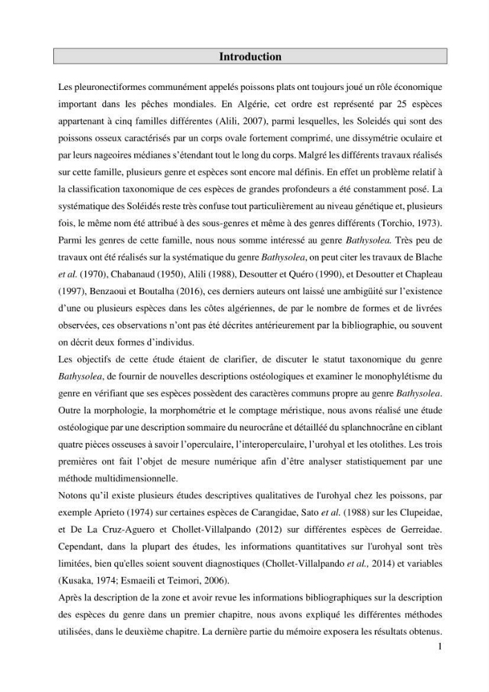 Contribution à l\'étude systématique du genre Bathysolea Roule,1916 (Pleuronnectiformes, Soleidae) des côtes Algeriennes: études morphométriques et ostéologique