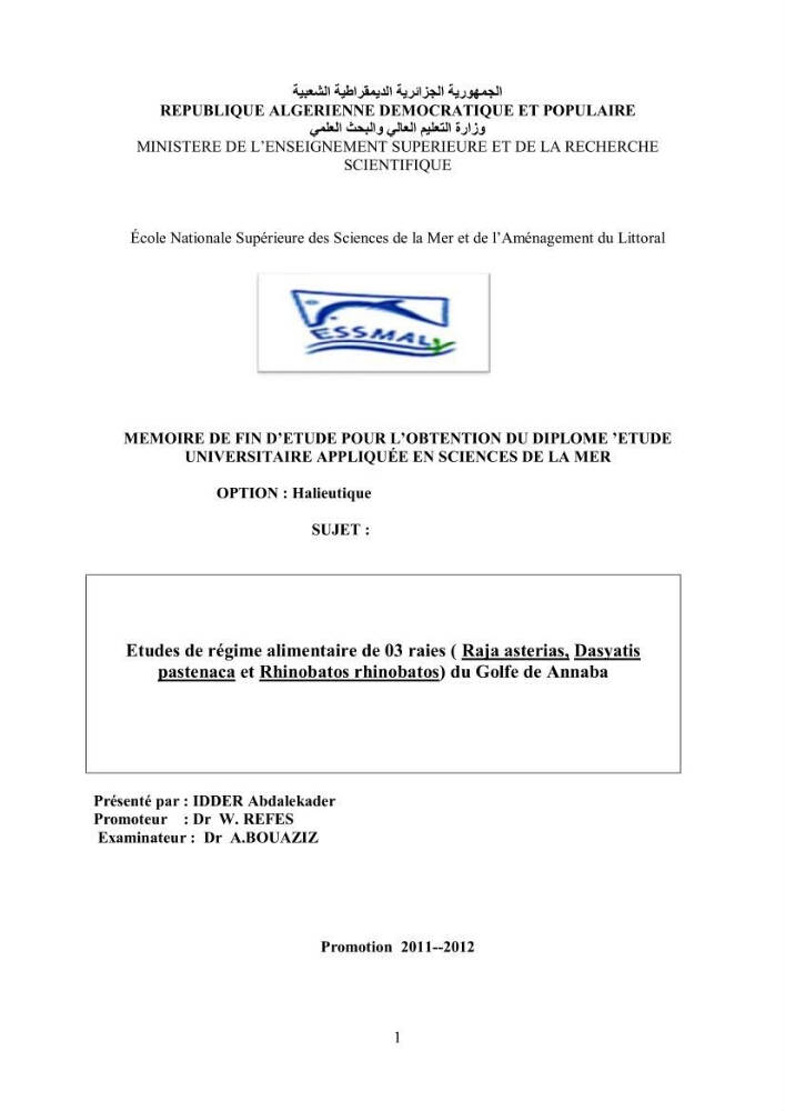 Etudes de regime alimentaire de 03 raies ( Raia asterias, Dasyatis pastcnaca et Rhinobatos rhinobatos) du Golfe de Annaba
