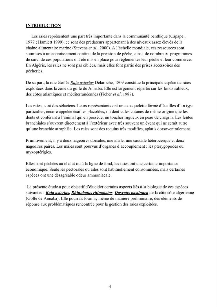 Etudes de regime alimentaire de 03 raies ( Raia asterias, Dasyatis pastcnaca et Rhinobatos rhinobatos) du Golfe de Annaba