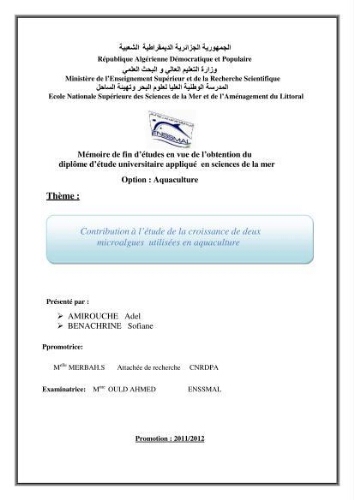 Contribution à l'étude de la croissance de deux microalgues utilisées en aquaculture Contribution à l'étude de la croissance de deux microalgues utilisées en aquaculture