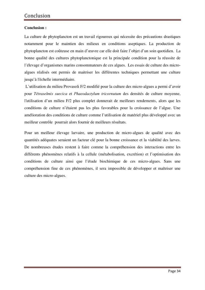 Contribution à l\'étude de la croissance de deux microalgues utilisées en aquaculture