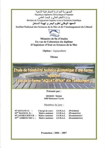 Etude de faisabilité technico-économique d'une ferme aquacole Etude de faisabilité technico-économique d'une ferme aquacole