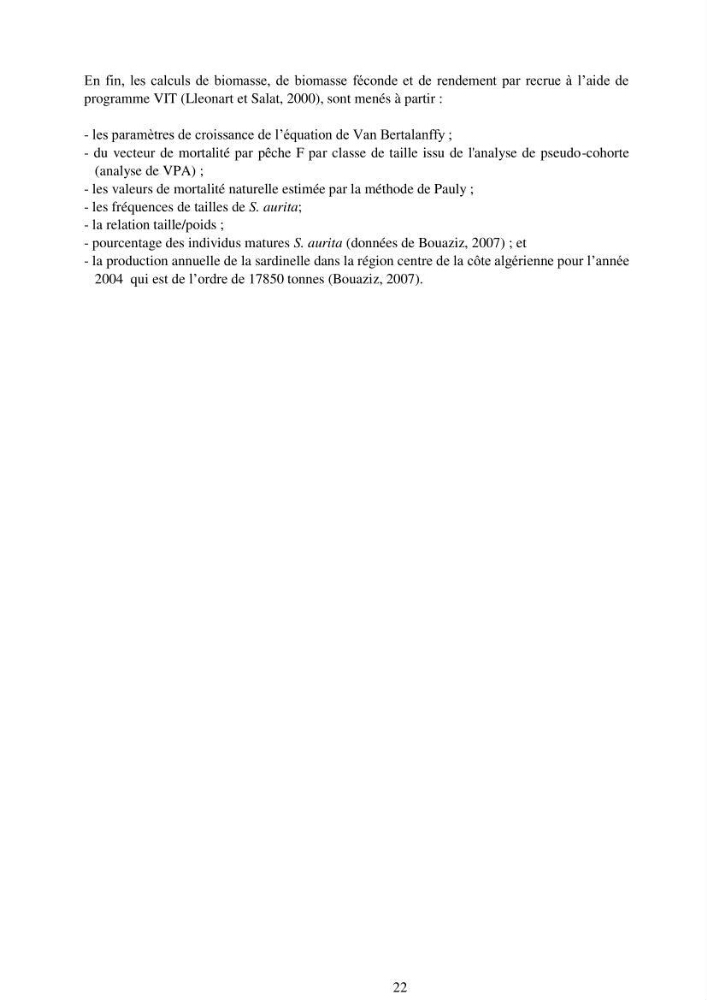 Impact de la variation de la mortalité naturelle (M) par âge sur l\'estimation de la biomasse exploitable de la sardinelle (Sardinella aurita ,Valenciennes 1847) de la région centre de la côte algérienne