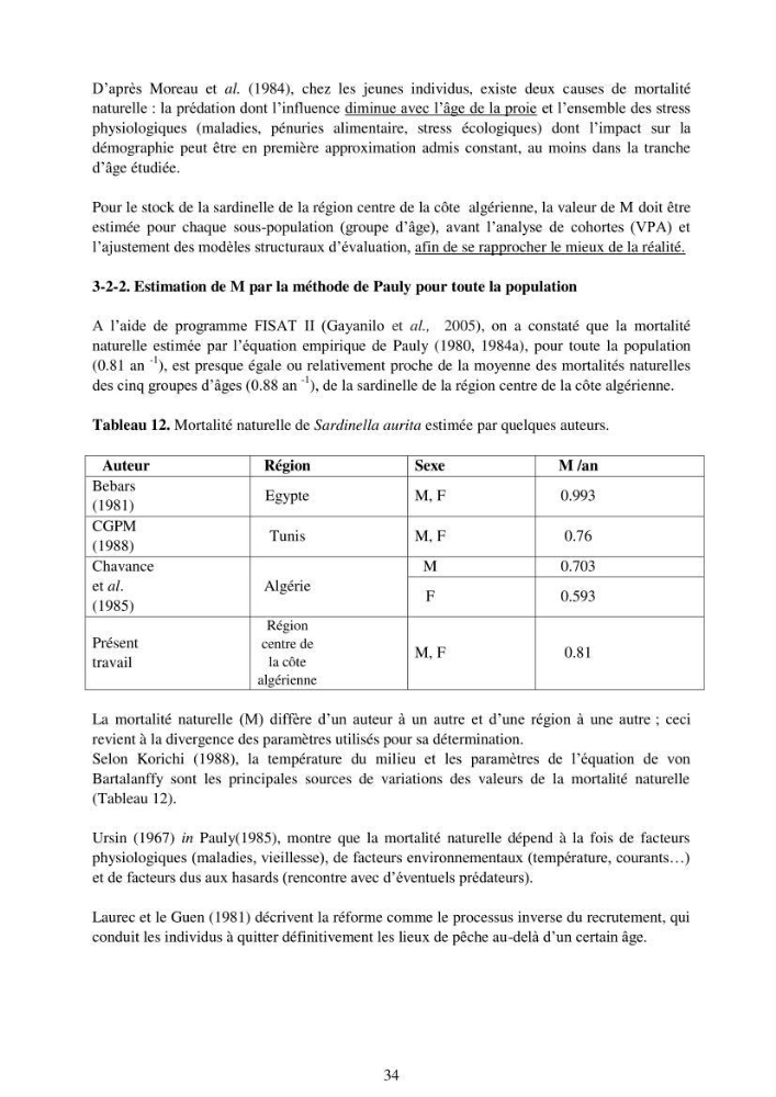 Impact de la variation de la mortalité naturelle (M) par âge sur l\'estimation de la biomasse exploitable de la sardinelle (Sardinella aurita ,Valenciennes 1847) de la région centre de la côte algérienne