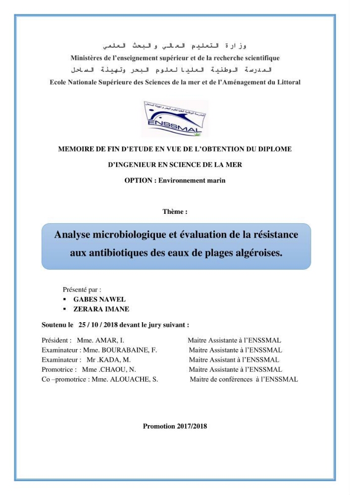 Analyse microbiologique et évaluation de la résistance aux antibiotiques des eaux de plages algéroises.