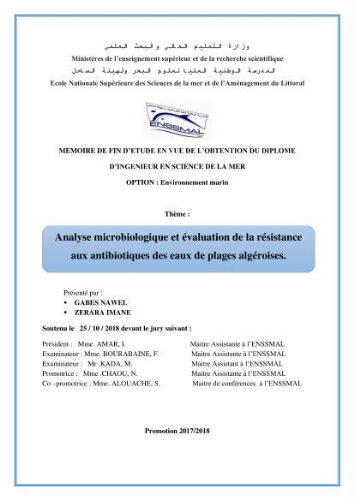 Analyse microbiologique et évaluation de la résistance aux antibiotiques des eaux de plages algéroises. Analyse microbiologique et évaluation de la résistance aux antibiotiques des eaux de plages algéroises.