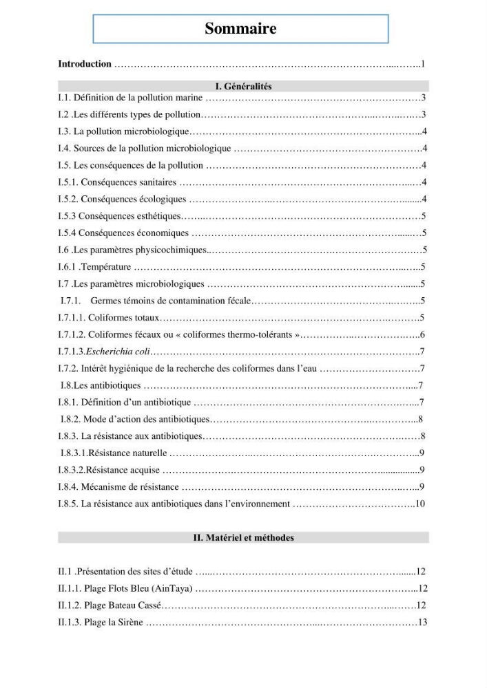 Analyse microbiologique et évaluation de la résistance aux antibiotiques des eaux de plages algéroises.