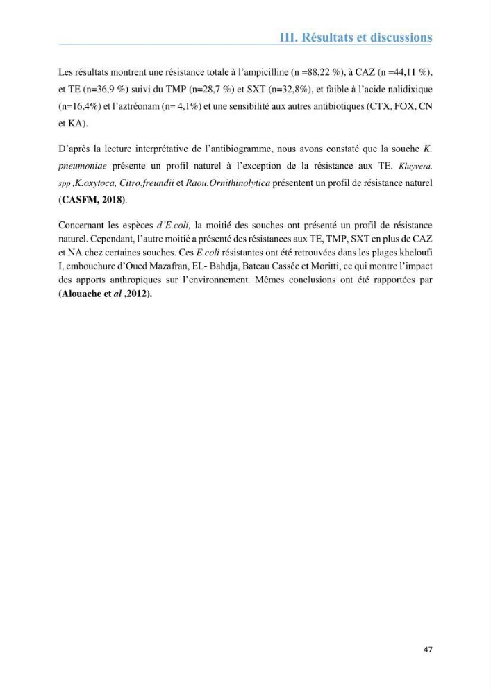Analyse microbiologique et évaluation de la résistance aux antibiotiques des eaux de plages algéroises.