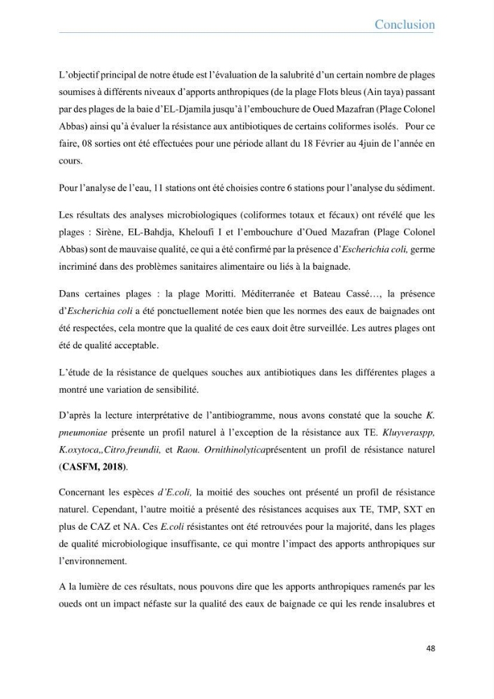Analyse microbiologique et évaluation de la résistance aux antibiotiques des eaux de plages algéroises.