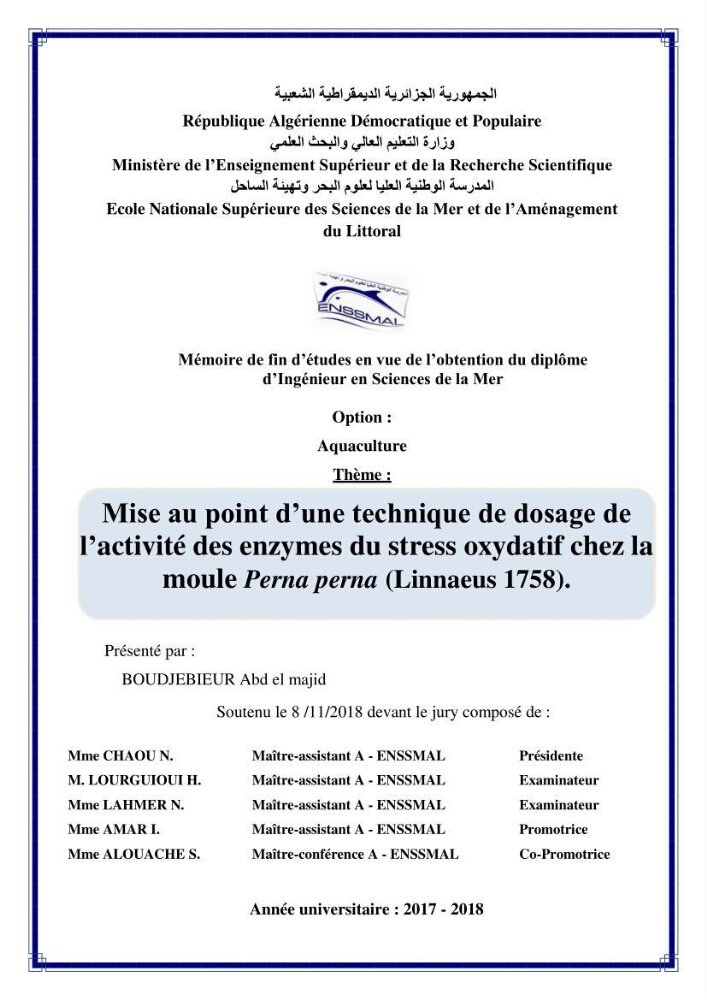 Mise au point d\'une technique de dosage de l\'activité des enzymes du stress oxydatif chez la moule Perna Perna (Linnaeus 1758 .