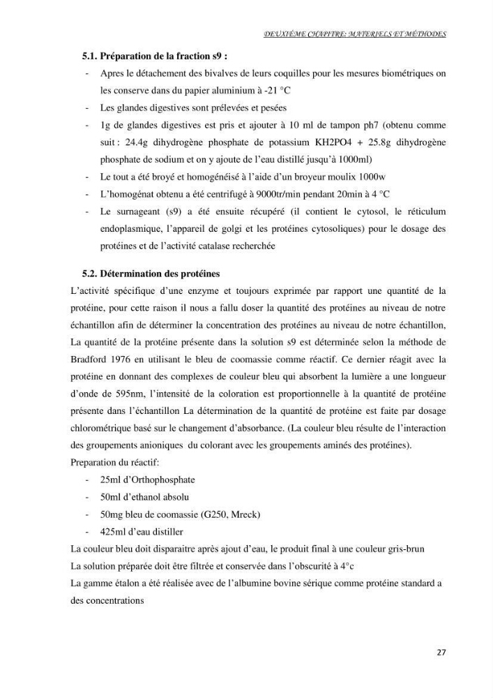 Mise au point d\'une technique de dosage de l\'activité des enzymes du stress oxydatif chez la moule Perna Perna (Linnaeus 1758 .