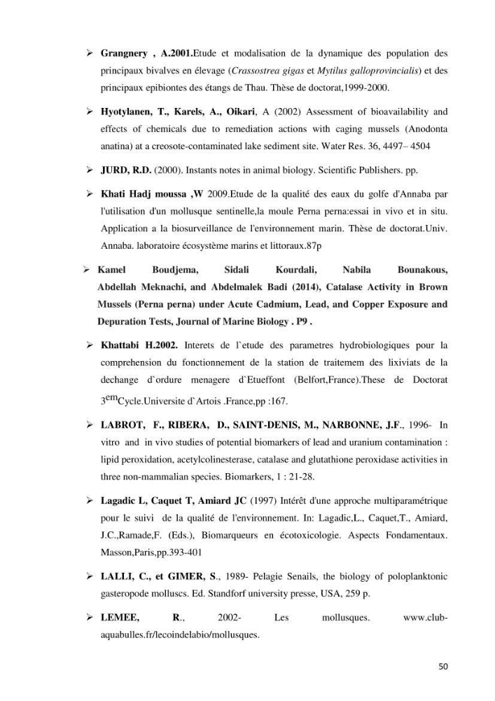 Mise au point d\'une technique de dosage de l\'activité des enzymes du stress oxydatif chez la moule Perna Perna (Linnaeus 1758 .