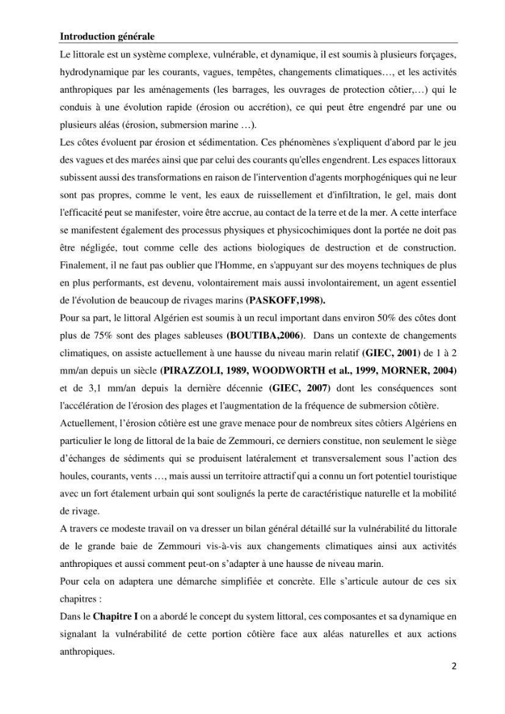 Evaluation des impacts des changements climatiques et des activités anthropiques sur le littoral de la baie de Zemmouri: Vulnérabilité et adaptation