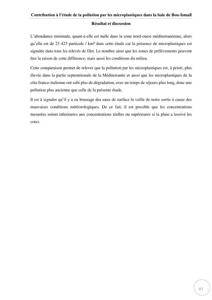 Contribution à l\'étude de la pollution par les micro-plastiques dans la baie de Bou-Ismail: