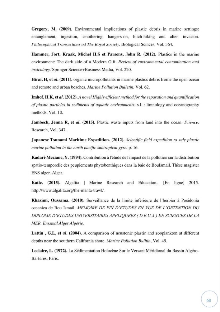 Contribution à l\'étude de la pollution par les micro-plastiques dans la baie de Bou-Ismail: