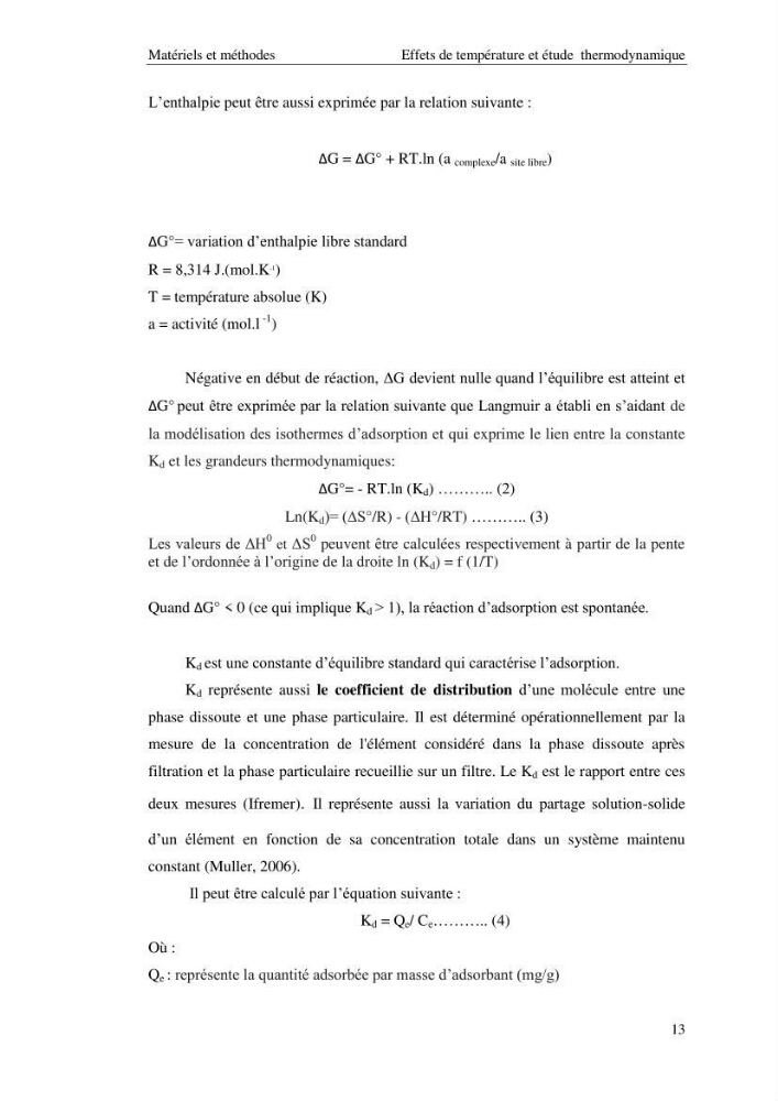 Etude de la thermodynamique de la retention du cadmium en milieu aqueux sur un charbon actif