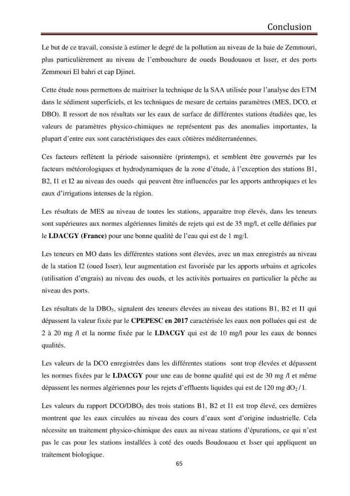 Evaluation du taux de la pollution des eaux et des sédiments par les métaux lourds au niveau du littoral de Boumerdes : Baie de Zemmouri