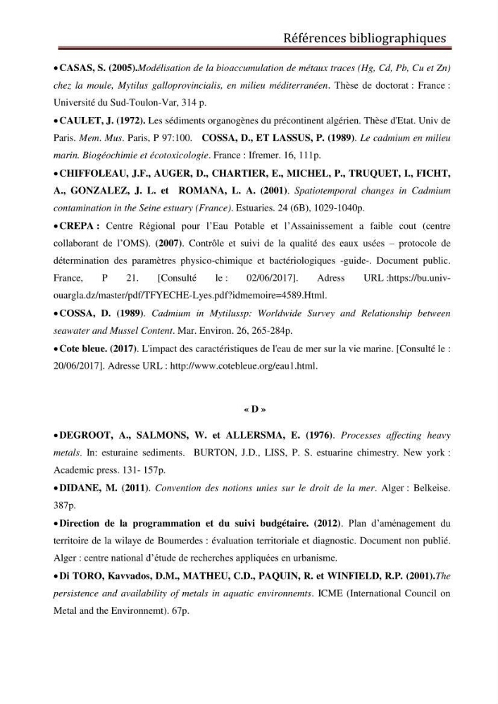 Evaluation du taux de la pollution des eaux et des sédiments par les métaux lourds au niveau du littoral de Boumerdes : Baie de Zemmouri