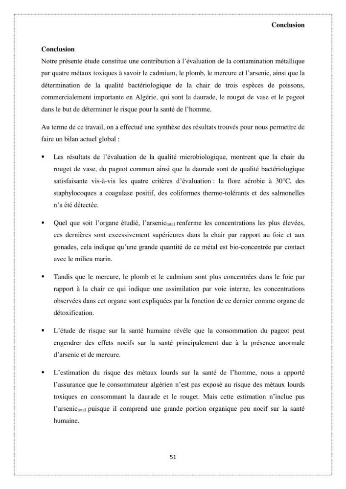 Qualité microbiologique et teneurs en éléments traces métalliques chez les poissons comestibles, risques sanitaires potentiels