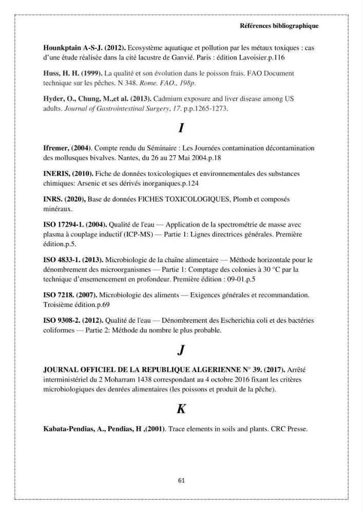 Qualité microbiologique et teneurs en éléments traces métalliques chez les poissons comestibles, risques sanitaires potentiels