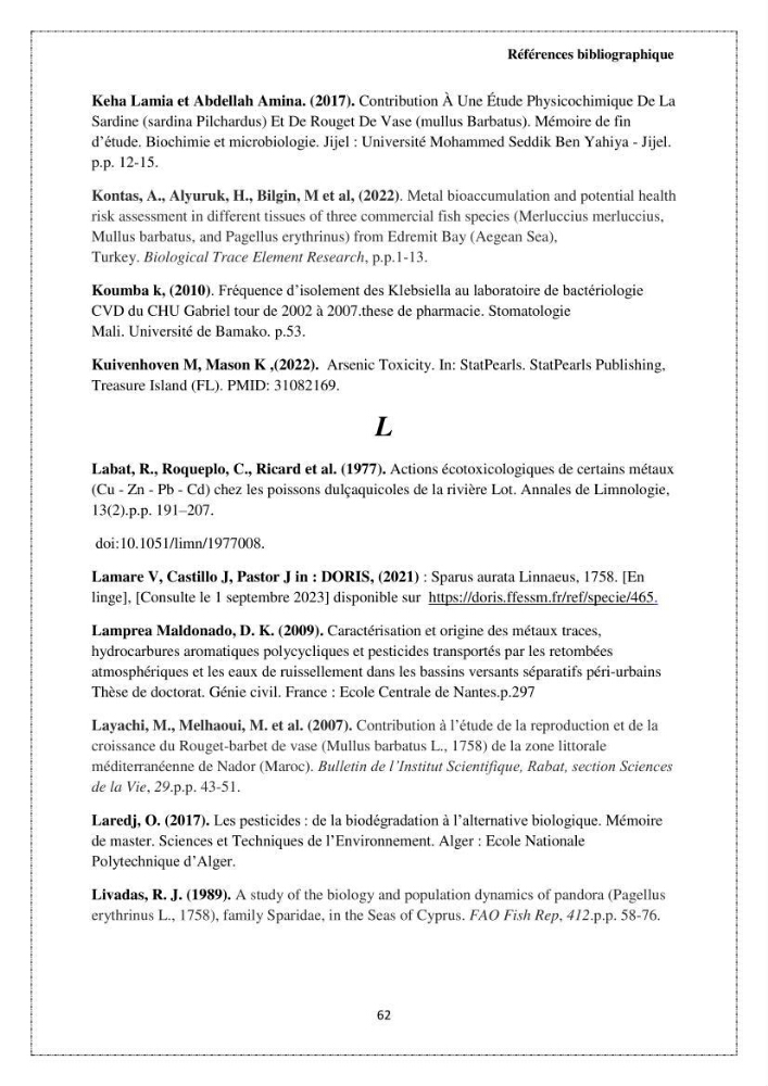 Qualité microbiologique et teneurs en éléments traces métalliques chez les poissons comestibles, risques sanitaires potentiels