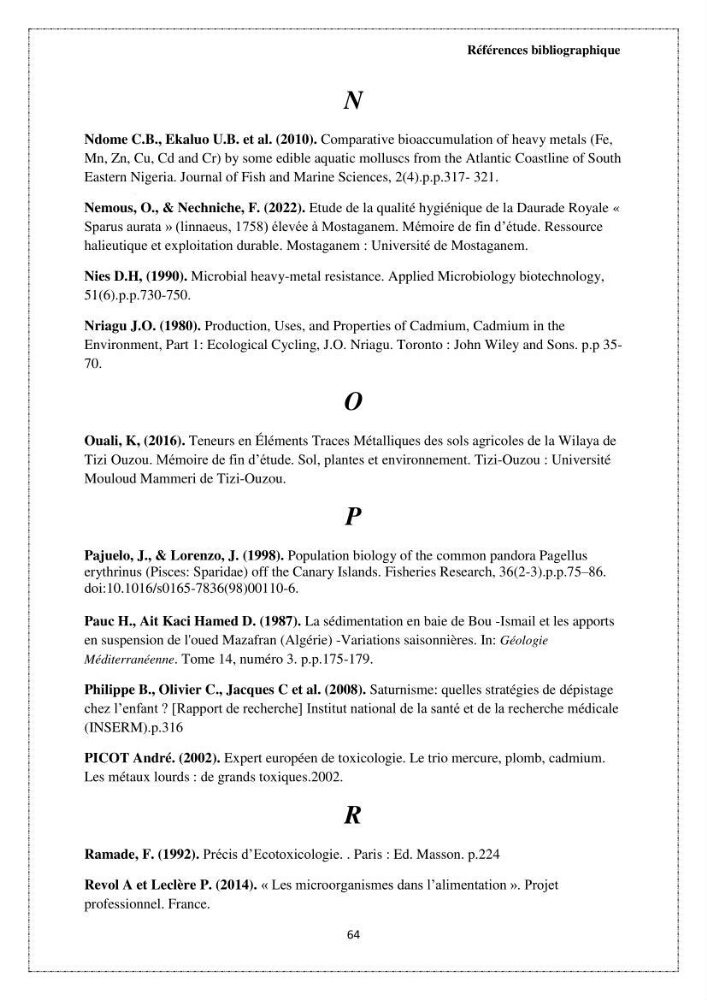 Qualité microbiologique et teneurs en éléments traces métalliques chez les poissons comestibles, risques sanitaires potentiels