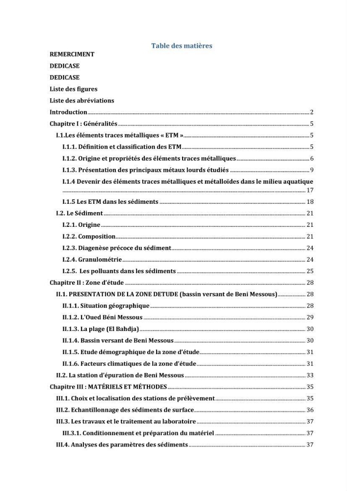 Evaluation et impact de la pollution par les métaux traces sur l’environnement marin as de l’embouchure de l’Oued Beni Messous