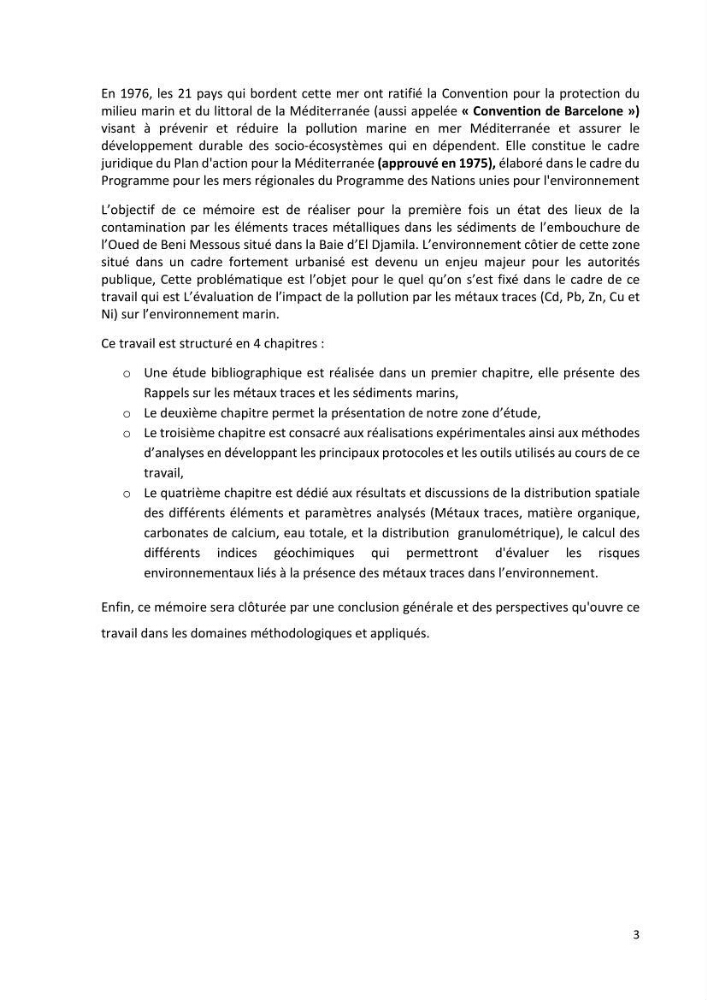Evaluation et impact de la pollution par les métaux traces sur l’environnement marin as de l’embouchure de l’Oued Beni Messous