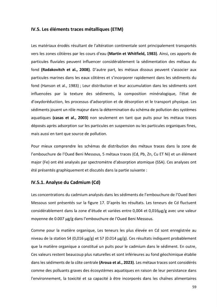 Evaluation et impact de la pollution par les métaux traces sur l’environnement marin as de l’embouchure de l’Oued Beni Messous