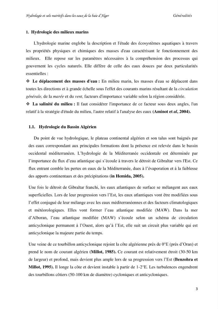 Hydrologie et sels nutritifs dans les eaux de la baie d\'Alger (mars 2009).