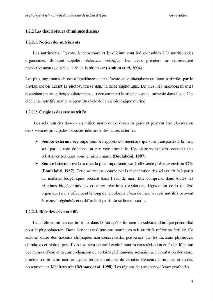 Hydrologie et sels nutritifs dans les eaux de la baie d\'Alger (mars 2009).