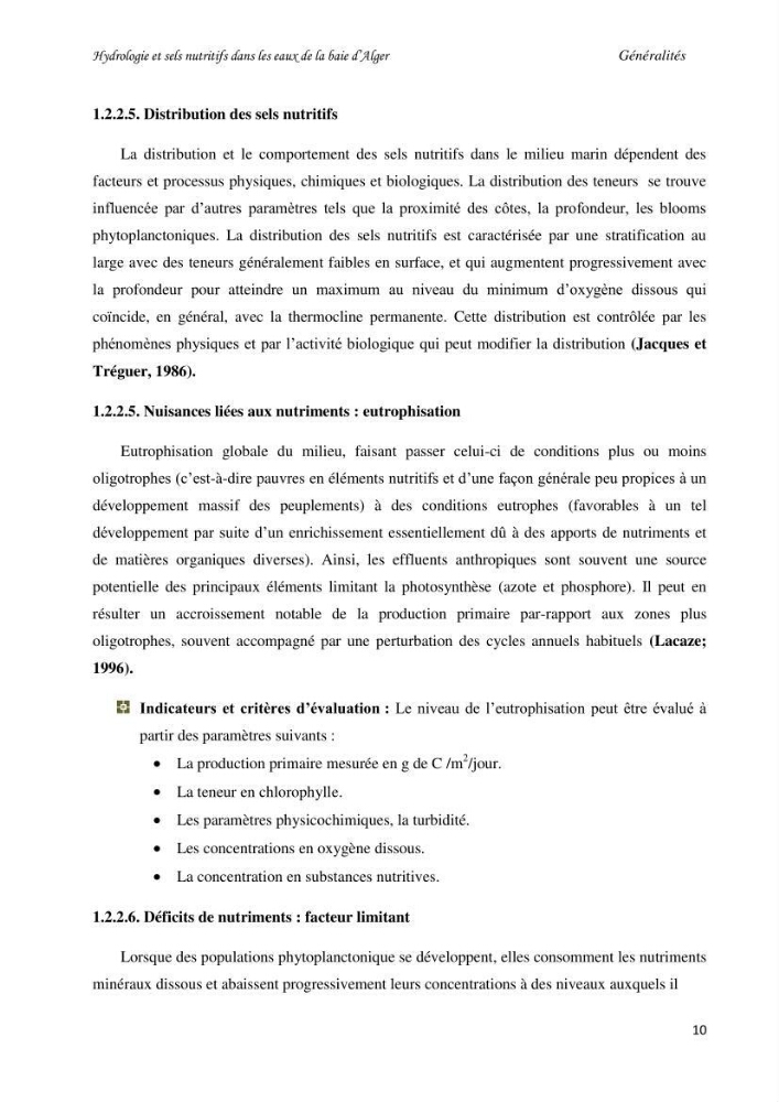 Hydrologie et sels nutritifs dans les eaux de la baie d\'Alger (mars 2009).