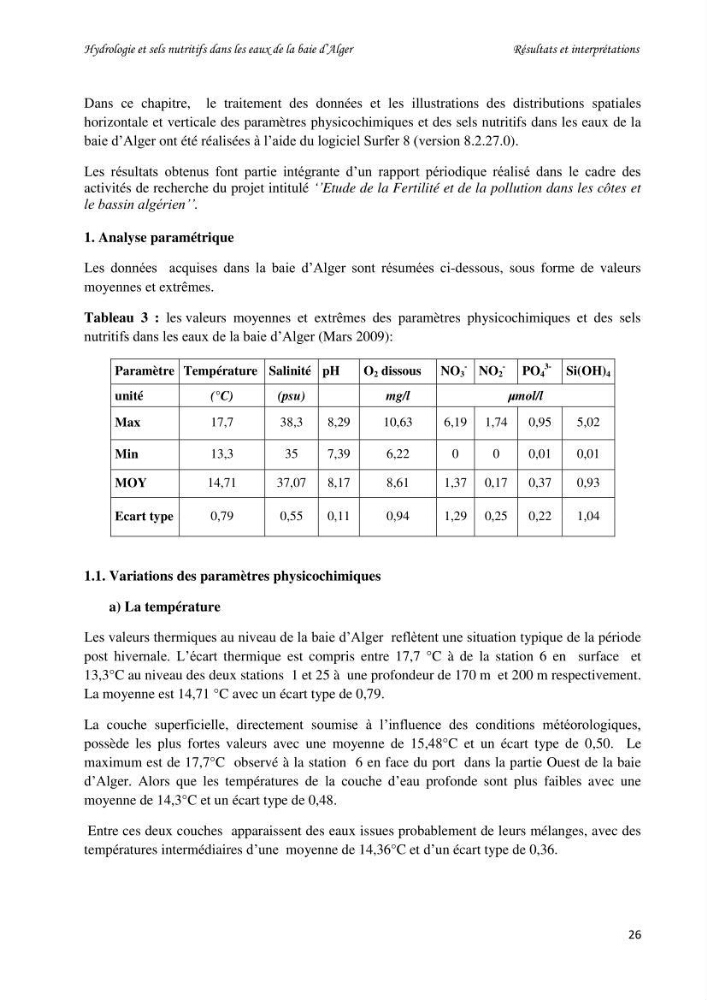 Hydrologie et sels nutritifs dans les eaux de la baie d\'Alger (mars 2009).