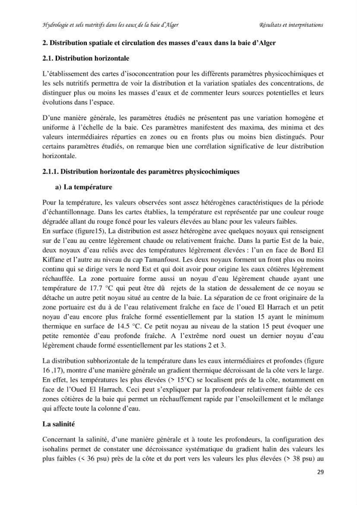 Hydrologie et sels nutritifs dans les eaux de la baie d\'Alger (mars 2009).
