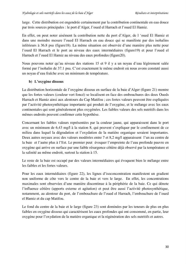 Hydrologie et sels nutritifs dans les eaux de la baie d\'Alger (mars 2009).