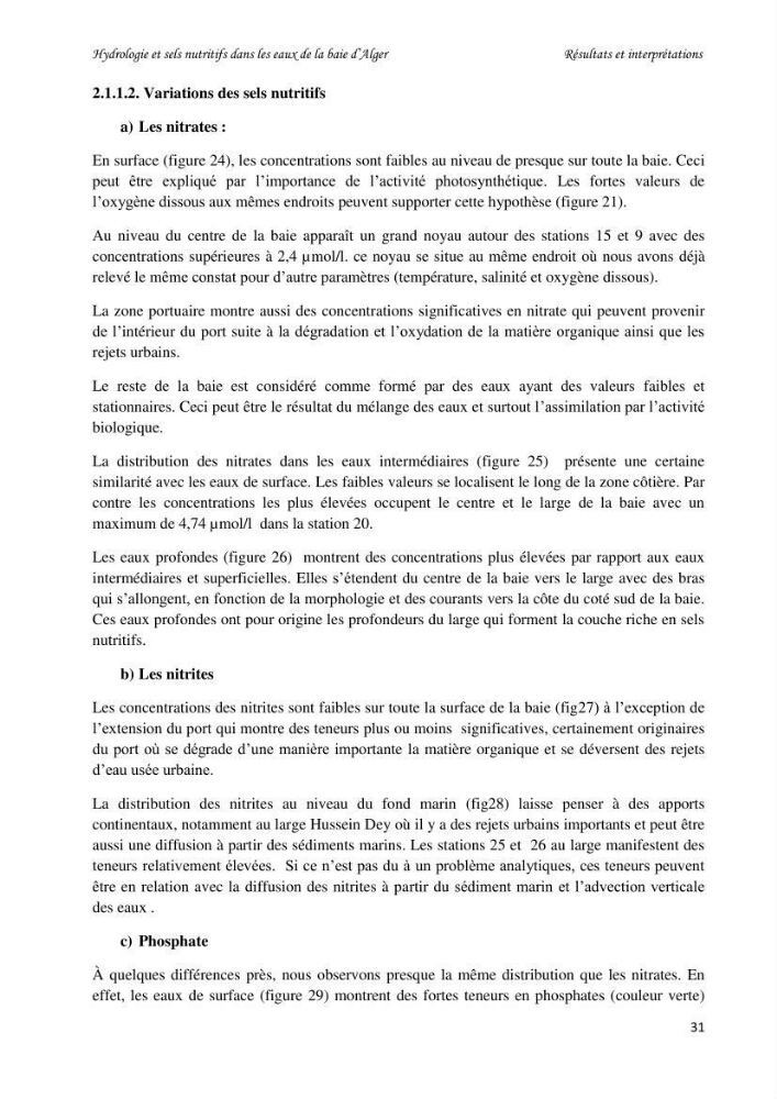Hydrologie et sels nutritifs dans les eaux de la baie d\'Alger (mars 2009).