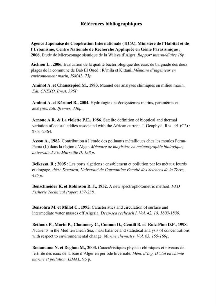 Hydrologie et sels nutritifs dans les eaux de la baie d\'Alger (mars 2009).