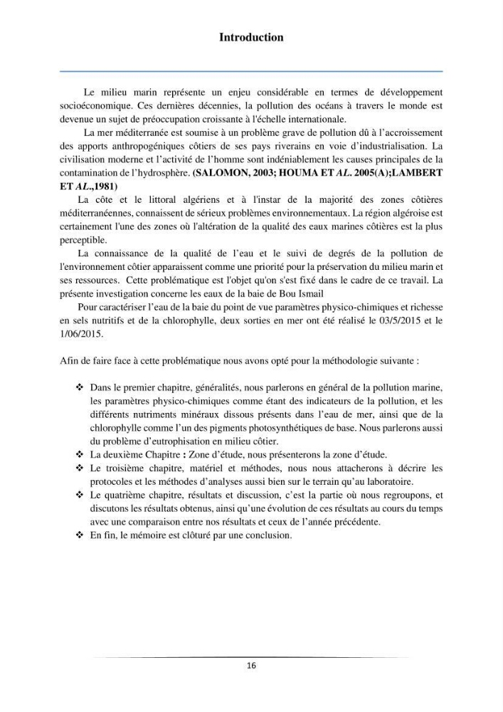 Les paramètres physicochimiques et les sels nutritifs dans la baie de Bou-Ismail: