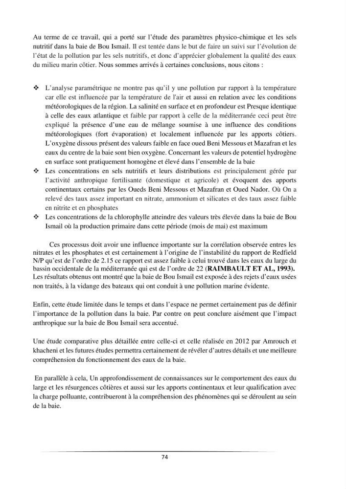 Les paramètres physicochimiques et les sels nutritifs dans la baie de Bou-Ismail:
